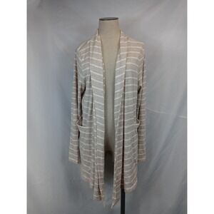 Croft & Barrow Open Front Cardigan L Beige Stripe Coastal Grandmother Pockets Sl